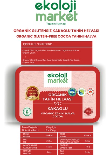 Organik Glutensiz Şekersiz Tahin Helvası Kakaolu 200 gr fırsatları