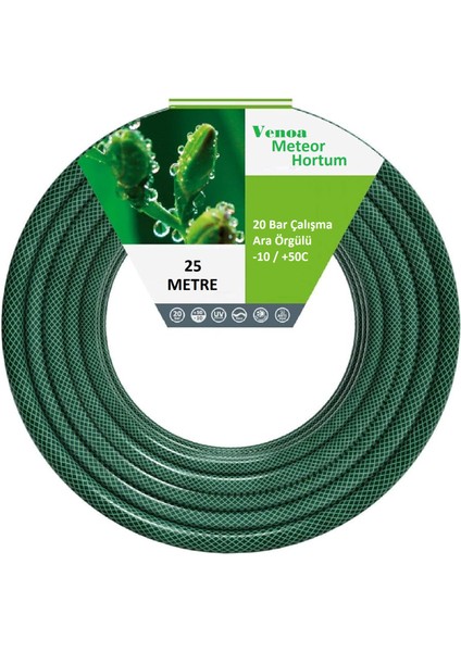 Meteor VVM25 Kırılmaz Örgülü Bahçe Su Hortumu 25 mt