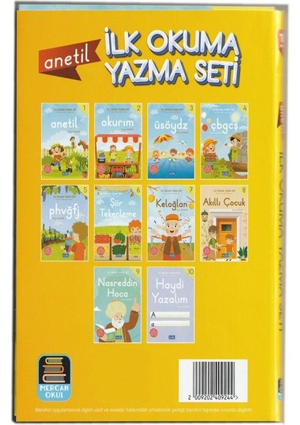 1.sınıf Anetil Ilk Okuma Yazma Seti (10 Kitap)Renkli Resimli Dik Temel Harlerle Hazırlanmıştır