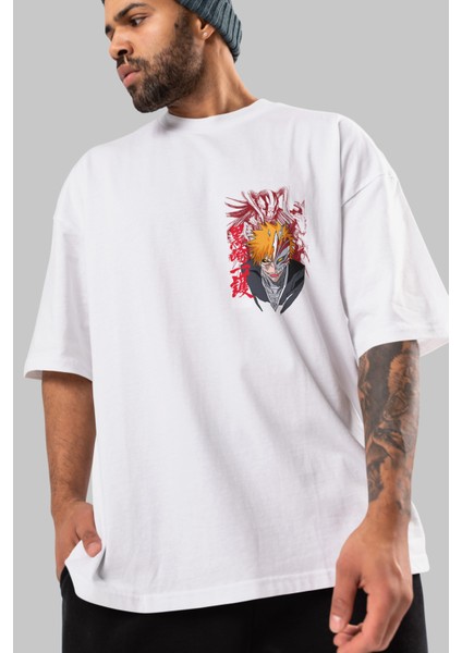 Ichıgo Kurosakı Vızard Ön Sol Baskılı Oversize T-Shirt Erkek Kadın Unisex Pamuk Bisiklet Yaka Tişort modelleri