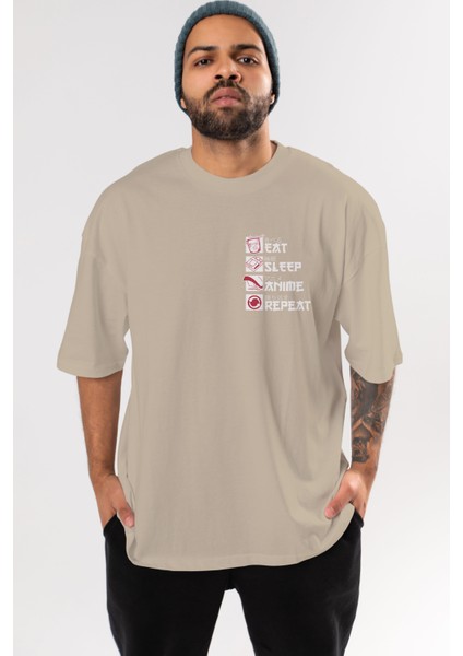Eat, Sleep, Anime, Repeat Ön Sol Baskılı Oversize T-Shirt Erkek Kadın Unisex Pamuk Bisiklet Yaka Tişort