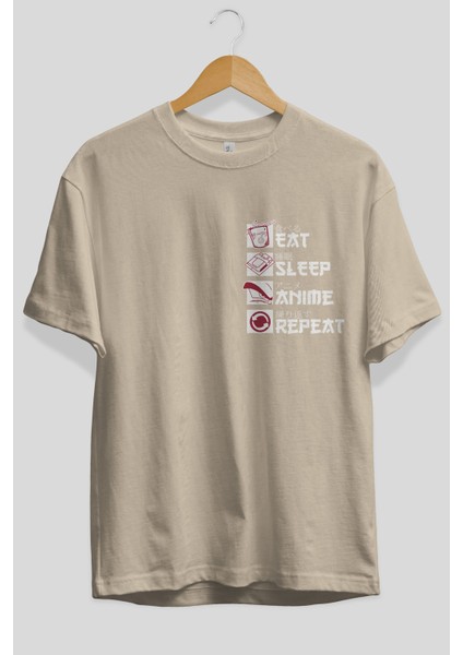 Eat, Sleep, Anime, Repeat Ön Sol Baskılı Oversize T-Shirt Erkek Kadın Unisex Pamuk Bisiklet Yaka Tişort fiyatları