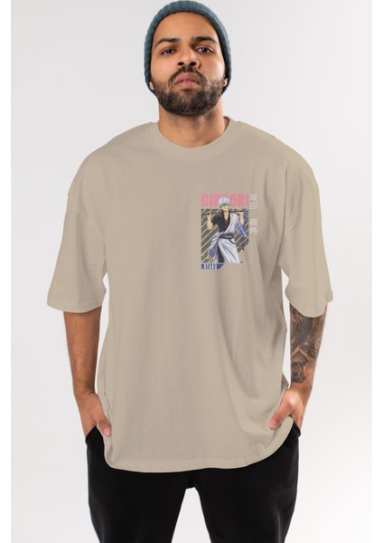 Gintoki Sakata Gıntama 3 Ön Sol Baskılı Oversize T-Shirt Erkek Kadın Unisex Pamuk Bisiklet Yaka Tişort