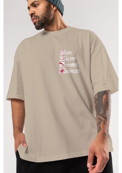 Eat, Sleep, Anime, Repeat Ön Sol Baskılı Oversize T-Shirt Erkek Kadın Unisex Pamuk Bisiklet Yaka Tişort modelleri