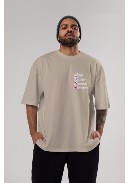 Eat, Sleep, Anime, Repeat Ön Sol Baskılı Oversize T-Shirt Erkek Kadın Unisex Pamuk Bisiklet Yaka Tişort indirimleri