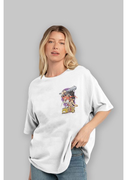 One Pıece (6) Ön Sol Baskılı Oversize T-Shirt Erkek Kadın Unisex Pamuk Bisiklet Yaka Tişort fırsatları