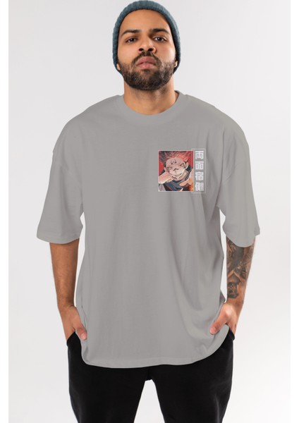 Sukuna Ryoumen 4 Ön Sol Baskılı Oversize T-Shirt Erkek Kadın Unisex Pamuk Bisiklet Yaka Tişort