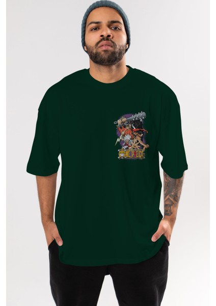 One Pıece (6) Ön Sol Baskılı Oversize T-Shirt Erkek Kadın Unisex Pamuk Bisiklet Yaka Tişort