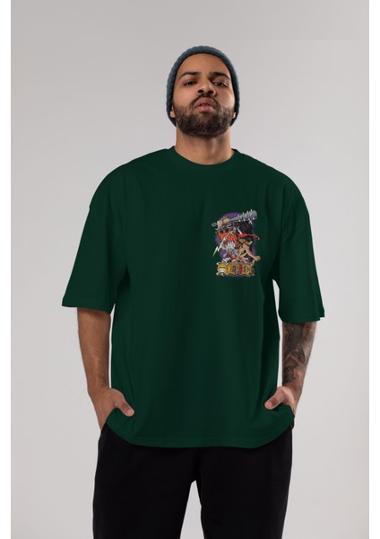 One Pıece (6) Ön Sol Baskılı Oversize T-Shirt Erkek Kadın Unisex Pamuk Bisiklet Yaka Tişort indirimleri