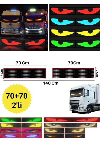 70+70CM 2'li Şeytan LED Gözler Animasyonlu Araba,kamyon,otobüs Kumandalı Esnek Ön Arka Cam Rgb Ekran
