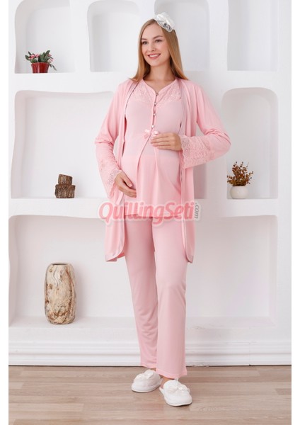 Renk Seçenekli Dantel Detaylı Sabahlıklı 3lü Lohusa Pijama Takımı - 3426