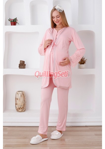 Renk Seçenekli Dantel Detaylı Sabahlıklı 3lü Lohusa Pijama Takımı - 3426