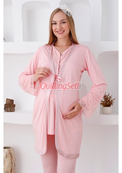 Renk Seçenekli Dantel Detaylı Sabahlıklı 3lü Lohusa Pijama Takımı - 3426