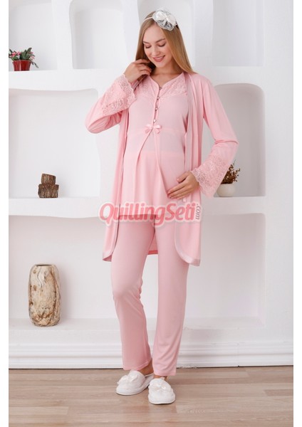 Renk Seçenekli Dantel Detaylı Sabahlıklı 3lü Lohusa Pijama Takımı - 3426
