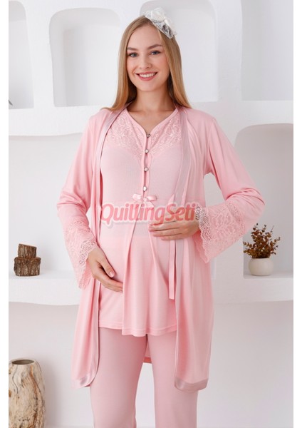 Renk Seçenekli Dantel Detaylı Sabahlıklı 3lü Lohusa Pijama Takımı - 3426