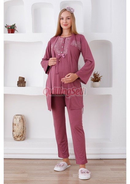 Renk Seçenekli Dantel Detaylı Sabahlıklı 3lü Lohusa Pijama Takımı - 3425