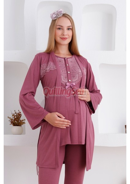 Renk Seçenekli Dantel Detaylı Sabahlıklı 3lü Lohusa Pijama Takımı - 3425 fiyatları