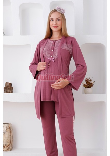 Renk Seçenekli Dantel Detaylı Sabahlıklı 3lü Lohusa Pijama Takımı - 3425 modelleri