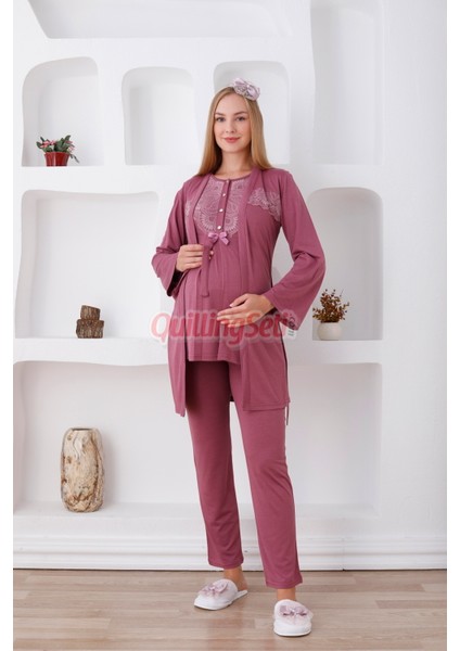 Renk Seçenekli Dantel Detaylı Sabahlıklı 3lü Lohusa Pijama Takımı - 3425 fırsatları