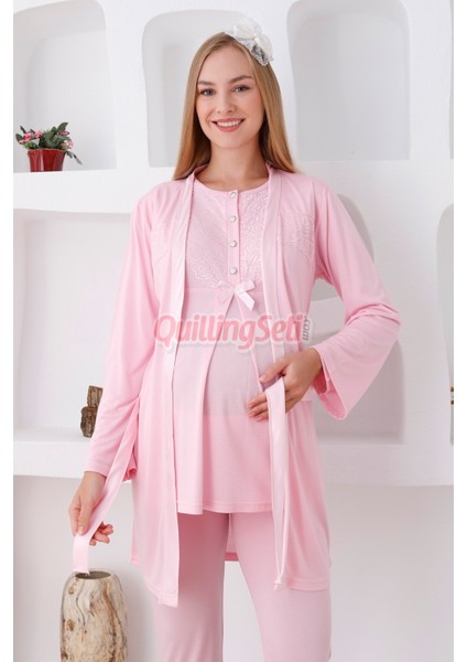 Renk Seçenekli Dantel Detaylı Sabahlıklı 3lü Lohusa Pijama Takımı - 3425 fiyatları