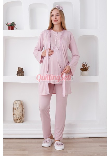 Renk Seçenekli Dantel Detaylı Sabahlıklı 3lü Lohusa Pijama Takımı - 3425