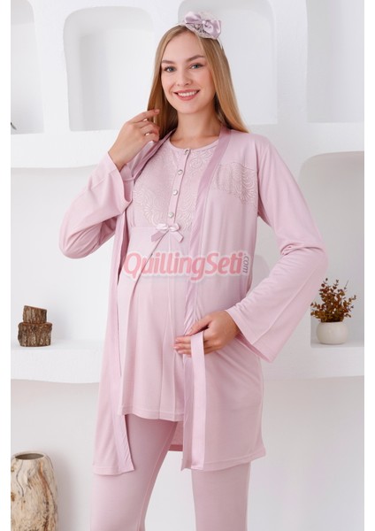 Renk Seçenekli Dantel Detaylı Sabahlıklı 3lü Lohusa Pijama Takımı - 3425 fiyatları