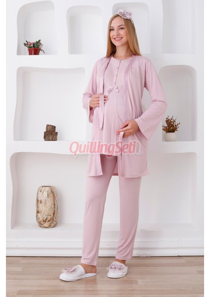 Renk Seçenekli Dantel Detaylı Sabahlıklı 3lü Lohusa Pijama Takımı - 3425 fırsatları