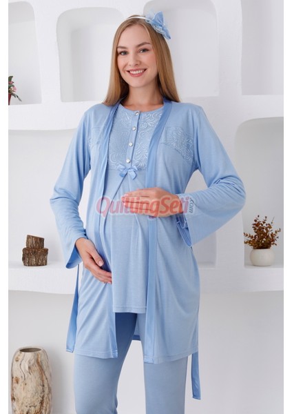 Renk Seçenekli Dantel Detaylı Sabahlıklı 3lü Lohusa Pijama Takımı - 3425 fırsatları