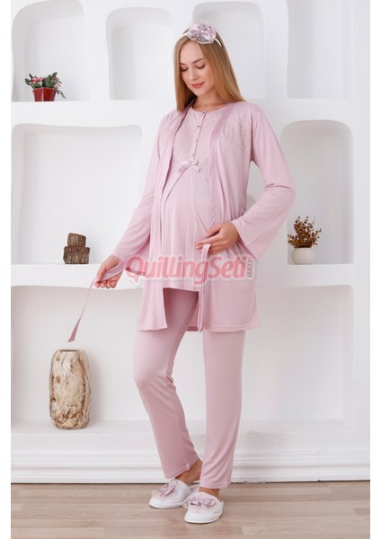 Renk Seçenekli Dantel Detaylı Sabahlıklı 3lü Lohusa Pijama Takımı - 3425 modelleri