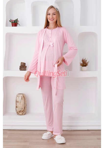 Renk Seçenekli Dantel Detaylı Sabahlıklı 3lü Lohusa Pijama Takımı - 3425