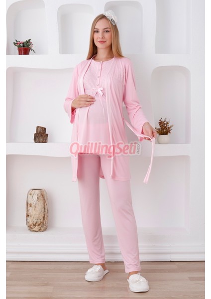 Renk Seçenekli Dantel Detaylı Sabahlıklı 3lü Lohusa Pijama Takımı - 3425 modelleri