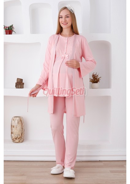 Renk Seçenekli Dantel Detaylı Sabahlıklı 3lü Lohusa Pijama Takımı - 3425