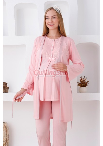 Renk Seçenekli Dantel Detaylı Sabahlıklı 3lü Lohusa Pijama Takımı - 3425 fiyatları