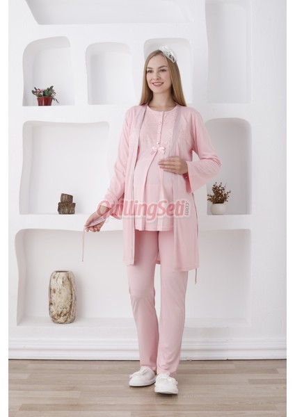 Renk Seçenekli Dantel Detaylı Sabahlıklı 3lü Lohusa Pijama Takımı - 3425 modelleri