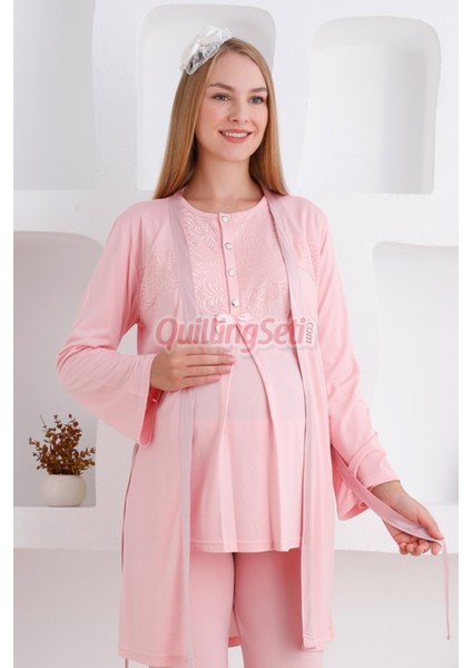 Renk Seçenekli Dantel Detaylı Sabahlıklı 3lü Lohusa Pijama Takımı - 3425 fırsatları