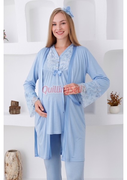 Renk Seçenekli Dantel Detaylı Sabahlıklı 3lü Lohusa Pijama Takımı - 3424 fiyatları