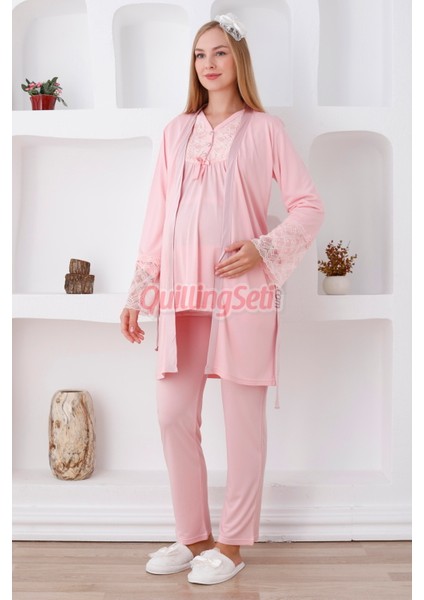 Renk Seçenekli Dantel Detaylı Sabahlıklı 3lü Lohusa Pijama Takımı - 3424