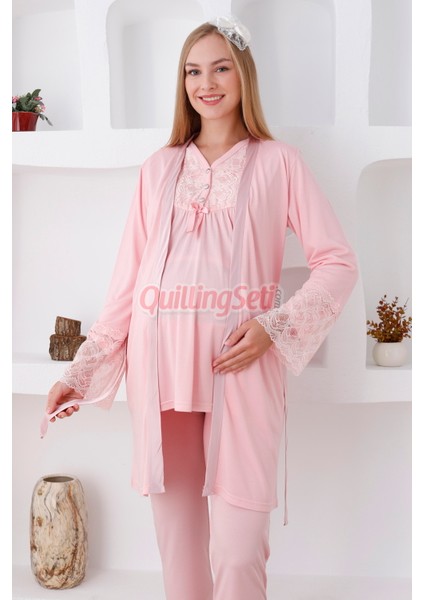 Renk Seçenekli Dantel Detaylı Sabahlıklı 3lü Lohusa Pijama Takımı - 3424 fiyatları