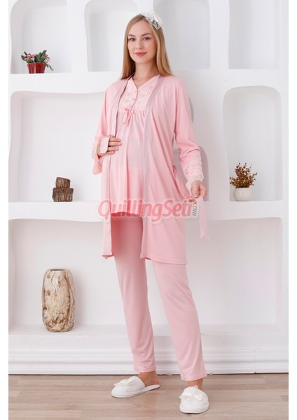 Renk Seçenekli Dantel Detaylı Sabahlıklı 3lü Lohusa Pijama Takımı - 3424 modelleri