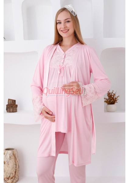 Renk Seçenekli Dantel Detaylı Sabahlıklı 3lü Lohusa Pijama Takımı - 3424 fiyatları