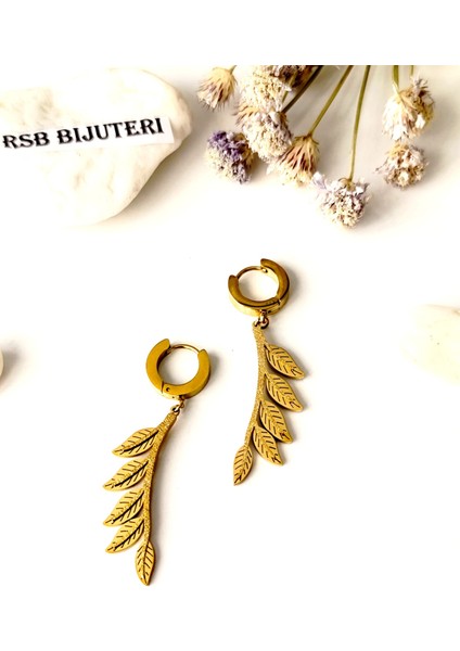 Küpe sallantılı yaprak altın kaplama 316 L çelik + hediye paketi