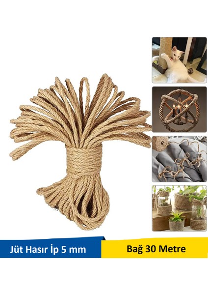 Jüt Hasır Örgülü Dekorasyon Halat 5 mm 30 mt