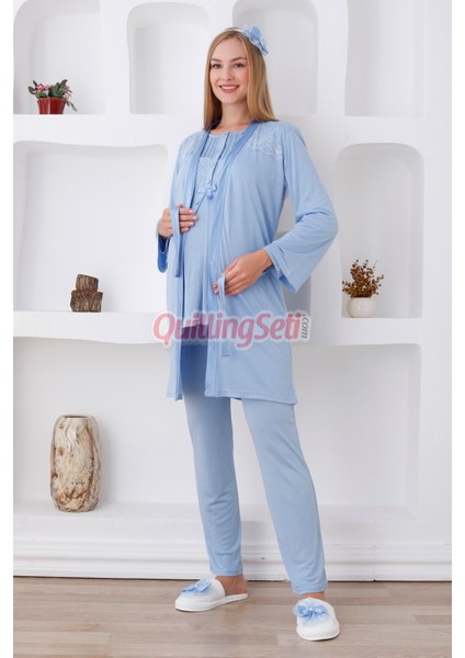 Renk Seçenekli Dantel Detaylı Sabahlıklı 3lü Lohusa Pijama Takımı - 3423 fiyatları