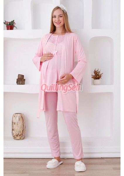 Renk Seçenekli Dantel Detaylı Sabahlıklı 3lü Lohusa Pijama Takımı - 3423
