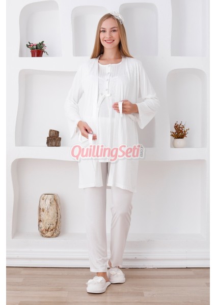 Renk Seçenekli Dantel Detaylı Sabahlıklı 3lü Lohusa Pijama Takımı - 3423