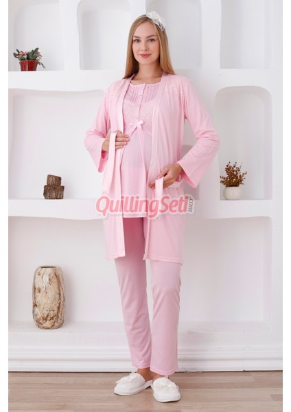 Renk Seçenekli Dantel Detaylı Sabahlıklı 3lü Lohusa Pijama Takımı - 3423 fırsatları