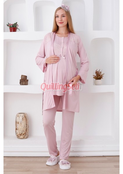 Renk Seçenekli Dantel Detaylı Sabahlıklı 3lü Lohusa Pijama Takımı - 3423