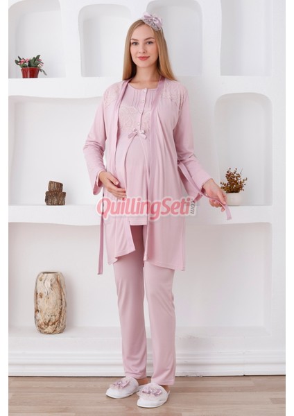 Renk Seçenekli Dantel Detaylı Sabahlıklı 3lü Lohusa Pijama Takımı - 3423 fiyatları