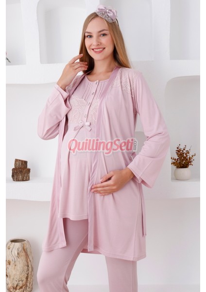 Renk Seçenekli Dantel Detaylı Sabahlıklı 3lü Lohusa Pijama Takımı - 3423 modelleri