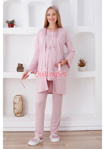 Renk Seçenekli Dantel Detaylı Sabahlıklı 3lü Lohusa Pijama Takımı - 3423 fırsatları